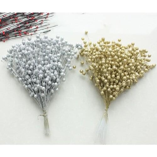Plastic Golden Flash Powder Artificial Christmas Berry Pistachio Simulation Fake Flower DIY Home Party Christmas Decoration