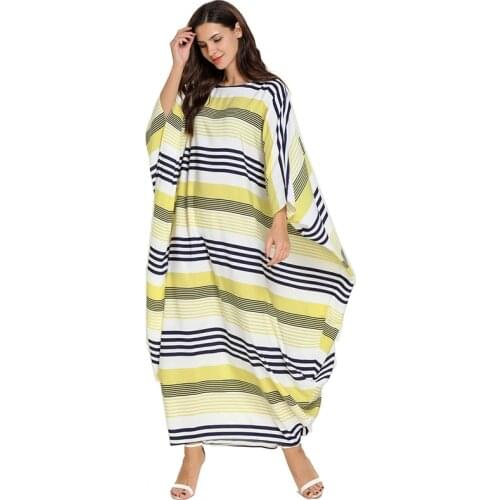 Muslim Party Abaya Women Maxi Dress Long Sleeve Stripe Abaya Long Robes Ramadan Arab Islamic Clothing 7779