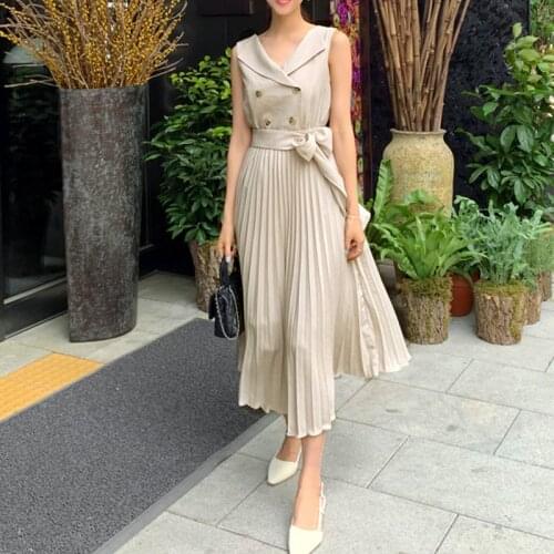 Notched Sleeveless Pleated Dress Women Slim Bow Sashes Long Midi Dress Korean Double Breasted Office Lady Summer Sundress A870