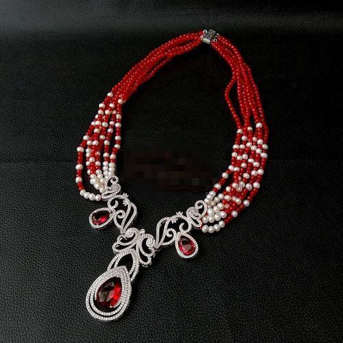 YYGEM gold plated CZ pave connector 6 strandds natural White freshwater Pearl red Jade chokers Necklace for women