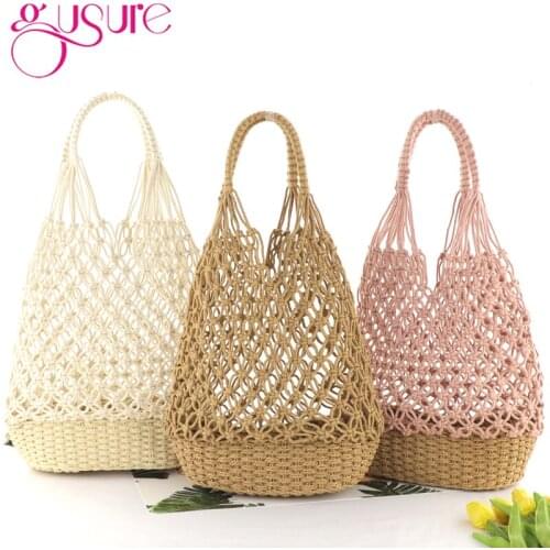 Gusure Simple Hollow Out Shoulder Bag Women Summer Popular Beach Girls Tote Mesh Rope Weaving Straw Net Bags no lined ins style