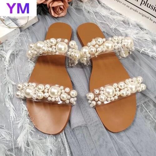 2021 Summer Women Sandals Solid Color Pearl Open Toe Flat Sandals Outdoor Beach New Fashion Plus 35-43 Zapatillas Mujer Casa