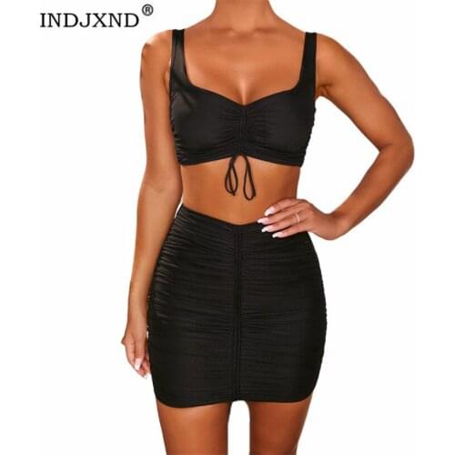 INDJXND Summer Spaghetti Strap Crop Top And Bodycon Mini Skirt Sexy Black Women Party Outfit Club Two Piece Sets Pleated Clothes