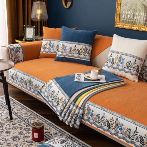 Modern Embroidered Leaves Chenille Couch Cover 3 Seater 2 Seats Orange Soft Corner Sofa Slipcover for Living Room Sofa Cushion