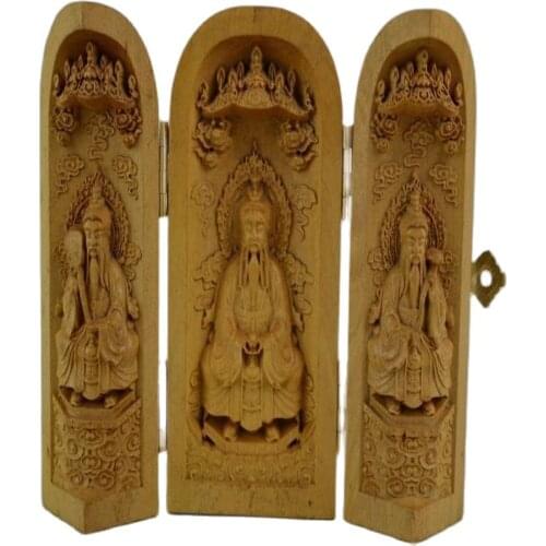 Old Decorated Handwork Boxwood Carving Taoism Elders Bless Safety Scalable Box