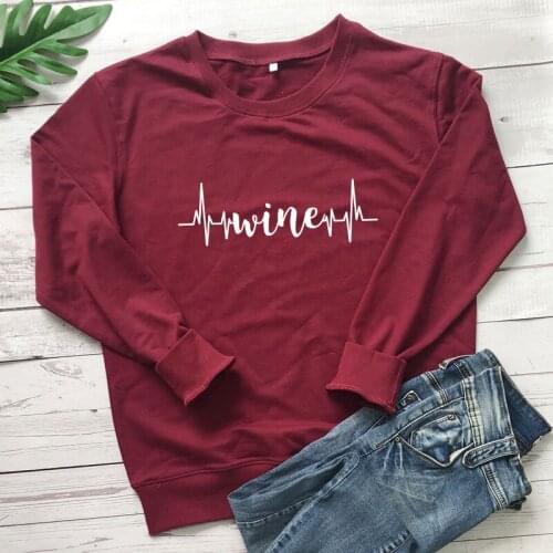 Wine Heartbeat 100% Cotton Sweatshirt High Quality Unisex Day Drinking Pullovers Cute Women Graphic Jumper Alcohol Sweatshirts