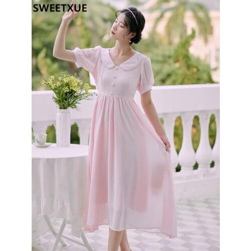 SWEETXUE French Vintage Pearl Pan Peter Collar Fairy Dress Summer Temperament Elegant Fashion Chic Party Sweet Dress Female