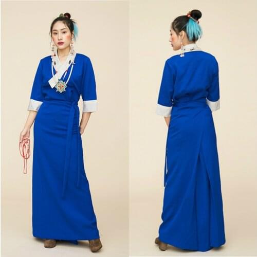 Tibetan Dress Retro Three-quarter Sleeves Chinese Traditional Clothings for Women Tibet Clothes Oriental Dresses Vestido Blue