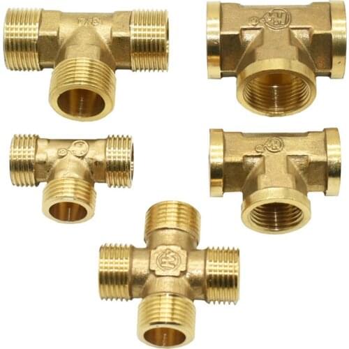 1/2 3/4 Inch Male Female Copper Metal Tee Threaded Water Pipe Connector Water Splitter T-shaped Cross Brass Connectors 6pcs