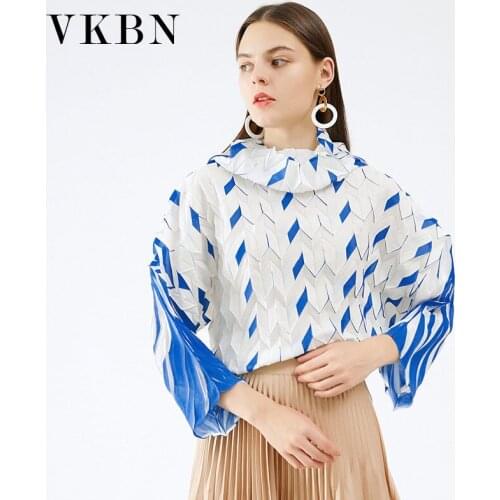 VKBN 2021 News Spring Autumn Geometric Pleated Fabric Casual Plus Size Hoodies Women Pullovers Female High Collar