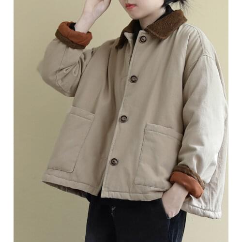 Aransue Short Cotton Padded Winter Clothes Women Autumn Vintage Coat Big Pocket Loose Casual Jacket 3 Colors