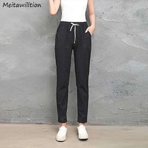 Women Casual Harajuku High Waist Pants 2021 Autumn Elastic Waist Cotton Linen Pants Korean Solid Slim Harem Trousers