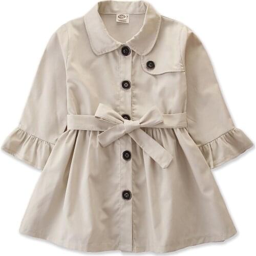 2-7Y Baby Girl Spring Autumn Solid Color Trench Coat Fashion British Style Flare Long Sleeve Bandage Coat Jacket Outerwear