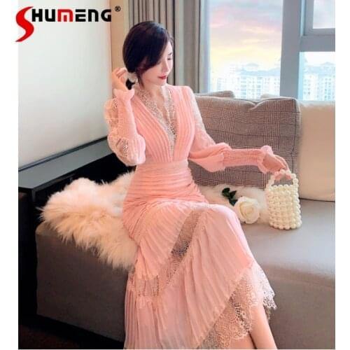 Elegant V-neck Lantern Sleeve Lace Patchwork Pleated Long Dresses Ladies 2021 Spring Plus Size Annual Meeting Pink Dress Women