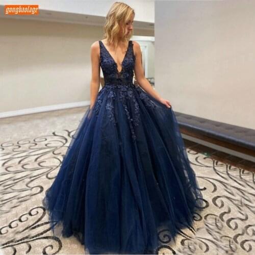 Royal Blue Evening Dresses V Neck Lace Appliqued Beaded Tulle Long Evening Gowns Custom Made 2020 Vestidos De Fiesta De Noche