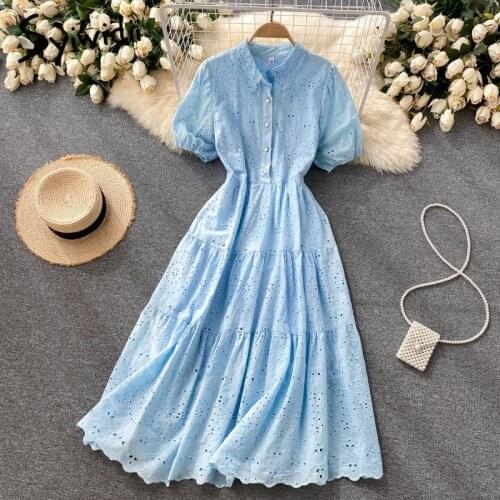 Syiwidii Midi Dresses for Women Summer 2021 New Hollow Out Short Puff Sleeve Lace Turn-down Collar A Line Sundress Blue Yellow
