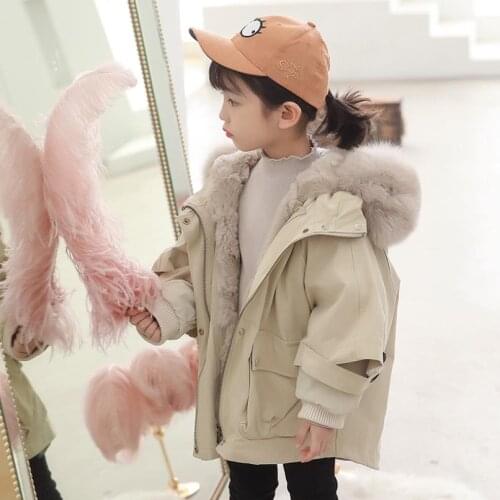 Winter Boys Girl Real Fur Collar Coat Detachable Parka Rabbit Fur Liner Kids Thicker Warm Outerwear Jacket For Cold Weather A674