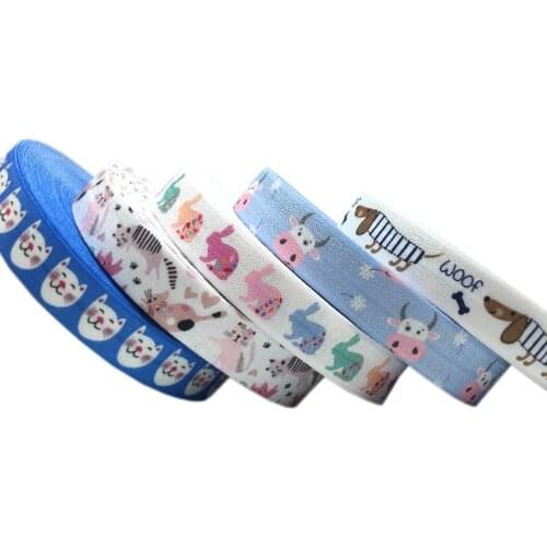10yards 15mm Cat Dog Rabbit Animal Print Fold Over Elastic Ribbon For Sewing Hair Tie Strap Backpack Decoration Accessories