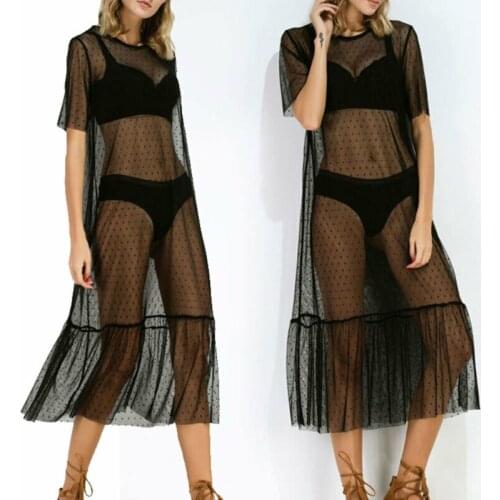 2020 Summer Short Sleeve O Neck Polka Dot See Through Beach Holiday Club Bathing Casual Loose Sexy Bikini Cover Ups Maxi Dress