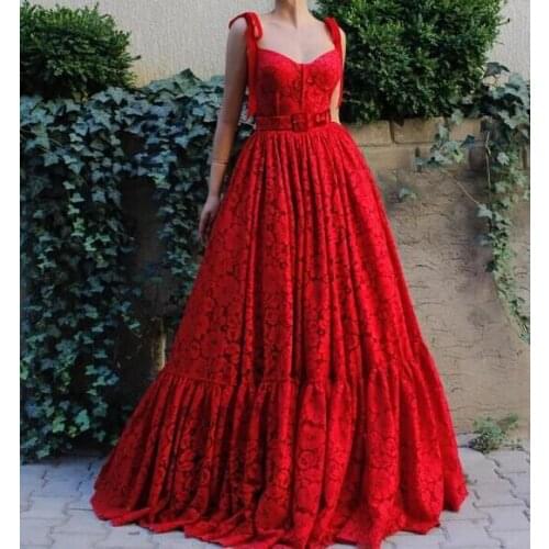 2021 Red Lace Prom Dresses Sleeveless Spaghetti Straps Evening Dress Formal Party Gowns vestido formatura