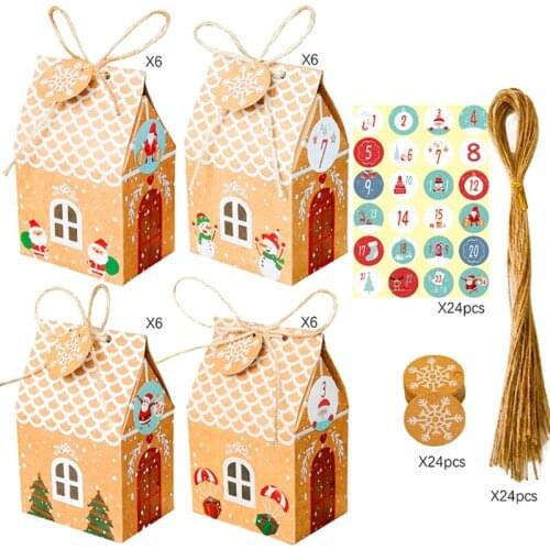 24 Sets Christmas House Gift Box Kraft Paper Cookies Candy Bag Snowflake Tags 1-24 Advent Calendar Stickers Hemp Rope Party Supp