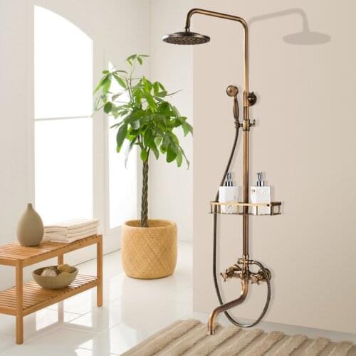Antique Brass Bathroom Shower Faucets Set Rainfall Shower Handshower Dual Handle Mixer Tap Long Nose Swivel Tub Spout