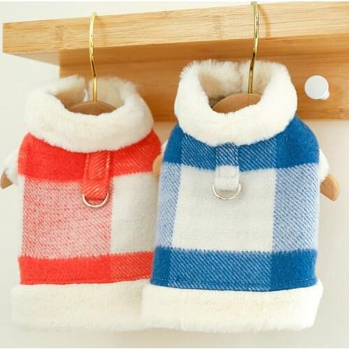 Classic Plaid Pet Dog Jacket Winter Thick Warm Costume Cotton Clothes D-ring Back of The Button Easily Attach Dog Harness