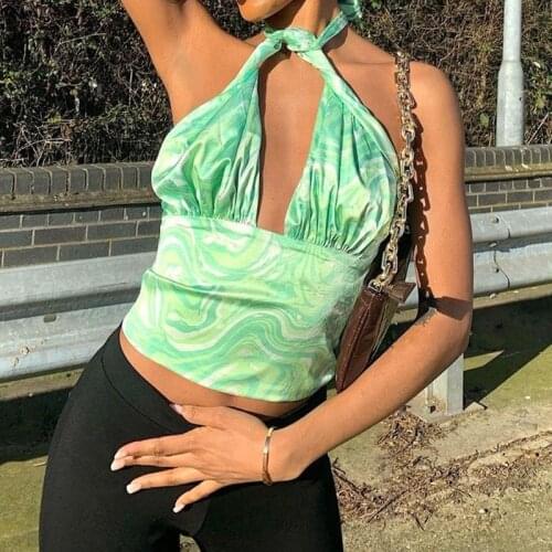 Women Summer Halter Tank Tops Irregular Printing Tied Strap V-Neck Backless Sexy Ruched Hollow Out Vest Crop Top Streetwear