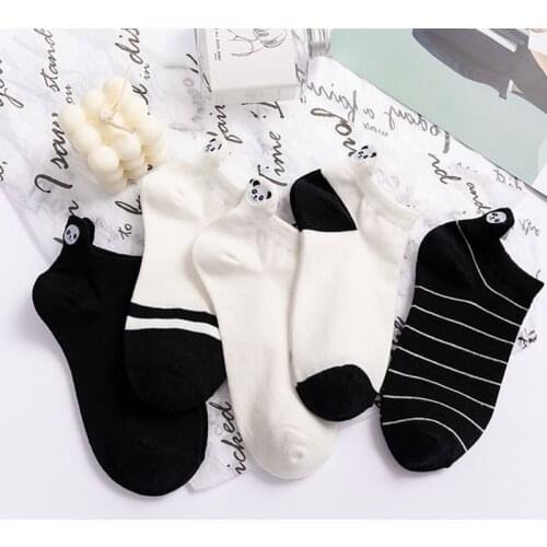 Female Girls Cute Cartoon Panda Embroidery Cotton Boat Socks Black White Stripes Low Cut Shallow Mouth Short Hosiery