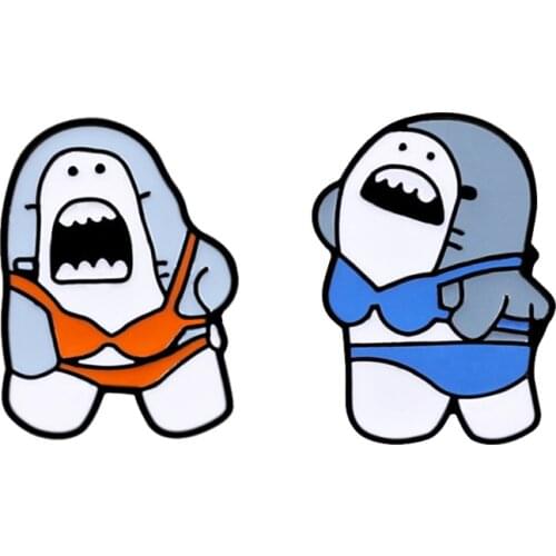 Cartoon Cute Bikini Shark Enamel Pin Ocean Sea fish brooch Badge Lapel Pins Denim jeans Funny Jewelry Gift Kid Friend