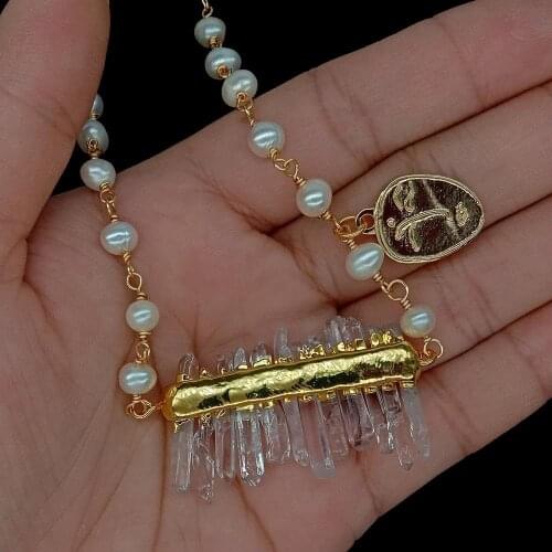 YYGEM Natural Clear Quartz Druzy Bar Pendant Cultured White Freshwater Pearl Link Chain Choker Necklace 18"