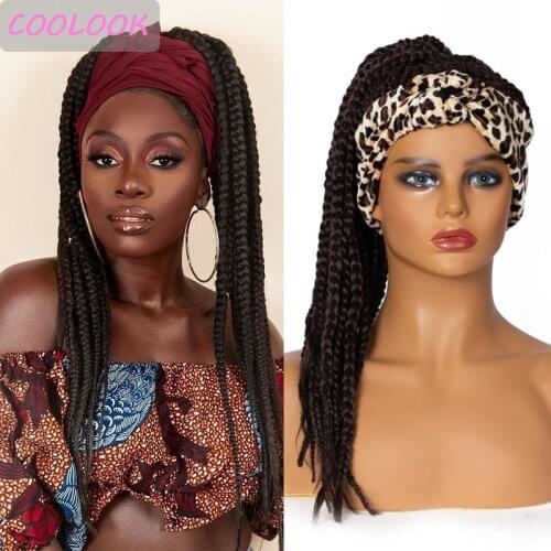 22'' Box Braids Headband Wigs Honey Brown Golden Box Braided Turban Wigs for Women Natural Synthetic Fake Hair Cosplay Perruque
