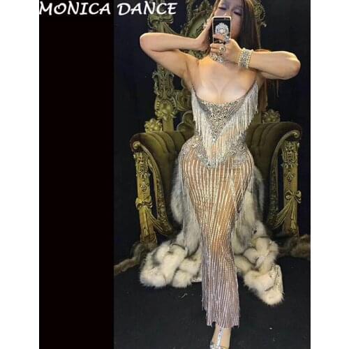 Sexy Shining Big Crystals Tassel Dress Sexy Nightclub Stones High Neck Long Dress Costume Prom Birthday Celebrate Dresses Outfit