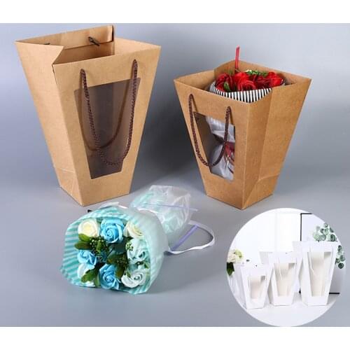 Flower Gift Paper Boxes Clear Window Transparent Trapezoid Shape Portable Gift Packing Boxes Flower Packing Boxes Flower Bags