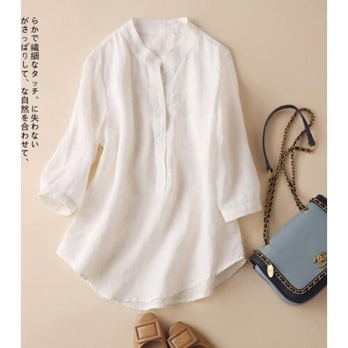 100% Linen V-neck Shirts 2020 Summer New Arts Style Women Half Sleeve Loose Shirt All-matched Casual White Blouse Plus Size M185