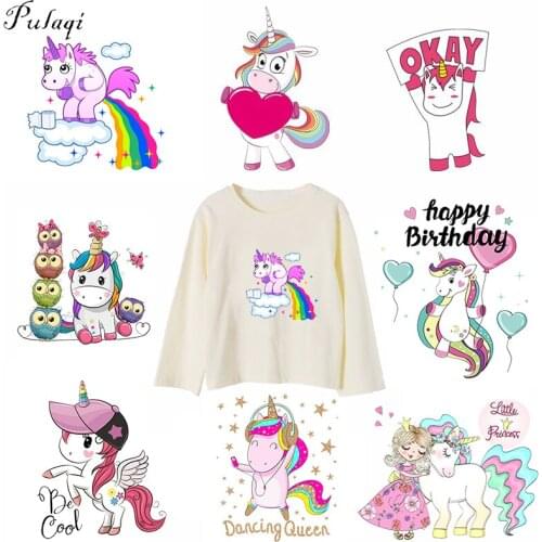 Pulaqi Cartoon Unicorn Flower Patches Iron On Transfers Heat Thermal Transfer Patch For T-Shirts Cartoon Animal Decor For Kids F