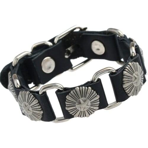 Vintage Retro Fashion Star Rivets Belt Bracelet Handmade Genuine Leather Chain Alloy Charm Cuff Bangle Wristbands Punk Jewelry
