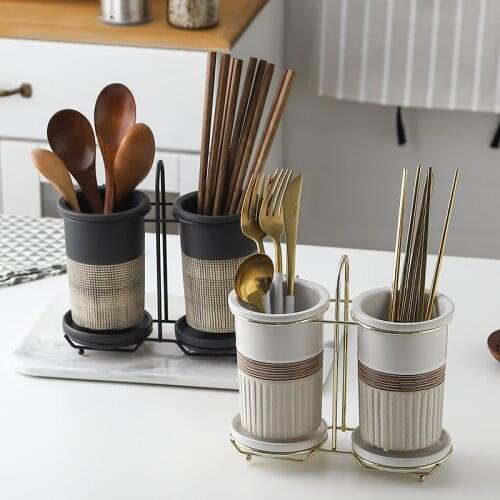 2pcs Japanese Retro Ceramic Relief Chopsticks Tube Rack Drain Knife Fork Spoon Storage Box Household Double Tube Chopsticks Cage