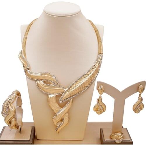 Yulaili African Wedding Jewelry for Women Fashion Necklace Drop Earrings Charm Bracelet Ring Bridal Party Jewelery Set Wholesale