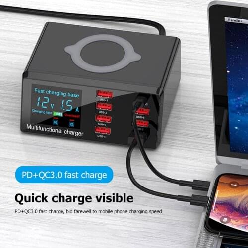 X9 100W 8 Port USB Charger Hub PD Quick Charge 3.0 Adapter LED Digital Display Desktop Charging Station Wireless Charger