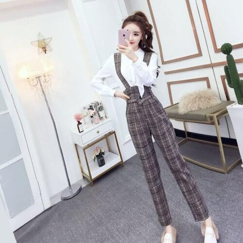 2021 New Autumn Women Two Piece Suit Solid Shirt Tops + Casual Plaid High Waist Suspender Pants Outfits Female 2 Piece Sets H88