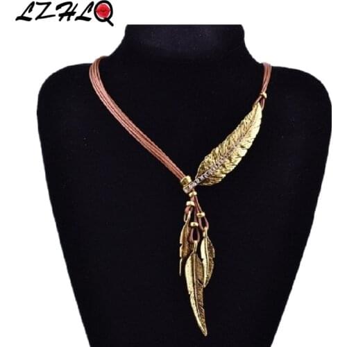 LZHLQ Necklace Alloy Feather Statement Necklaces Pendant Vintage Jewelry Rope Chain Necklace Women Collier Accessories 3 Colors