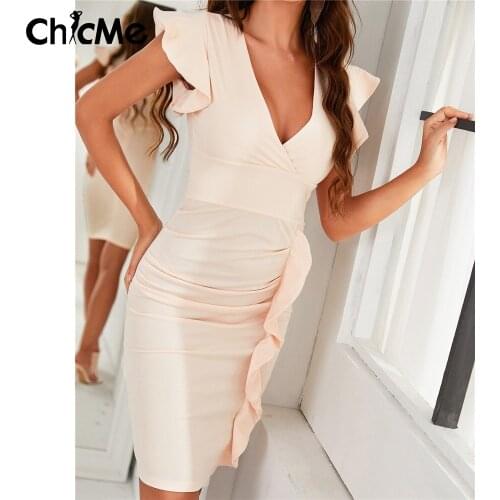 Chicme Women Sexy V-Neck Ruffle Hem Ruched Midi Dress Bodycon Slim Vestidos Casual Party Club Sundress Robe Summer Short Sleeve