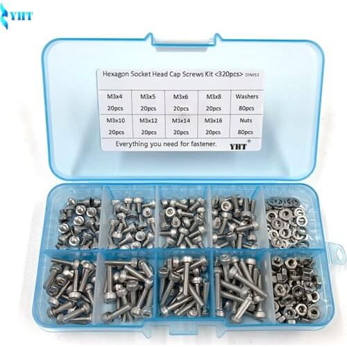 320Pcs/set DIN912 M2 M2.5 M3 304 Stainless Steel Hexagon Socket Head Cap Screws Bicycle Hex Bolts Assortment Kit sus304