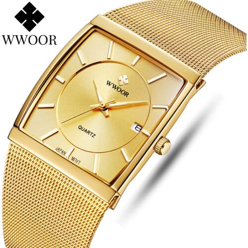 WWOOR Luxury Gold Watches For Men Square Quartz Watch Slim Steel Mesh Waterproof Date Wrist Watch Men Top Gift Relogio Masculino