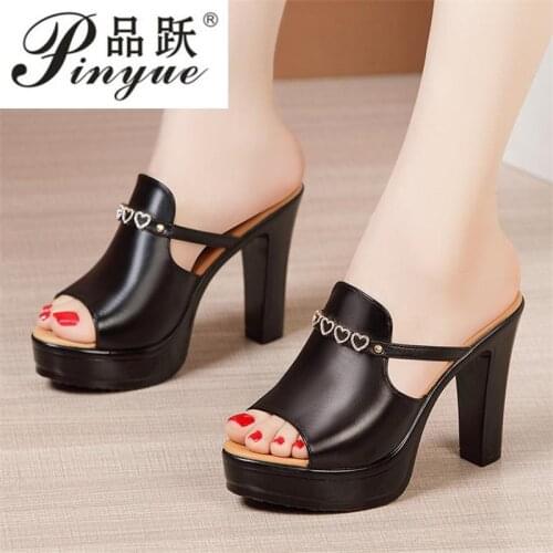Coarse-heeled fish mouth slippers large size trifle and diamond slippers Office OL Small Big Size 32-43