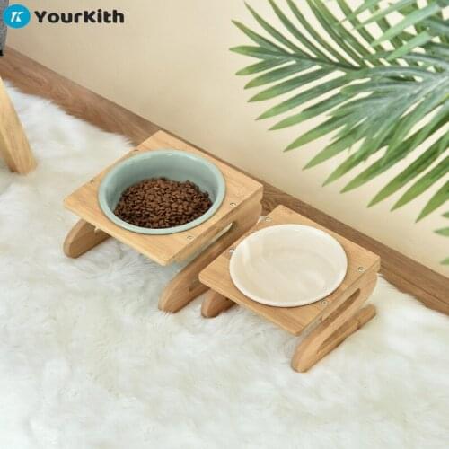 YourKith Pet Ceramic Bowls For Cats Dog Food Bowl Pet Feeding Water Bowl Pet Products Qith Bamboo Shelf Stand