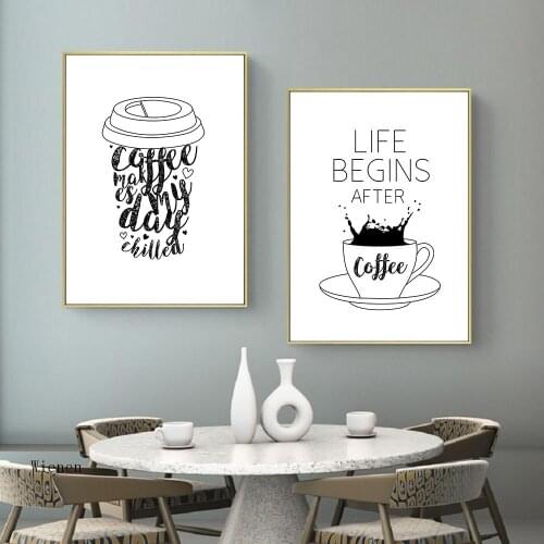 Coffee Alphabet Canvas Paintings Life Begins After Coffee Quotes Black and White Wall Pictures Cafe Shop Poster Wall Art Decor