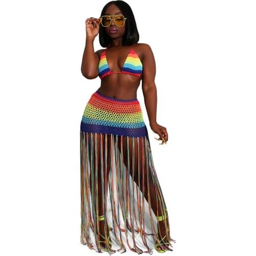 Summer 2 Piece Sets Womens Outfits Sexy Crop Top And Hollow Out Skirt Set 2020 Fashion Tassel Tracksuit See Through Beach Sets