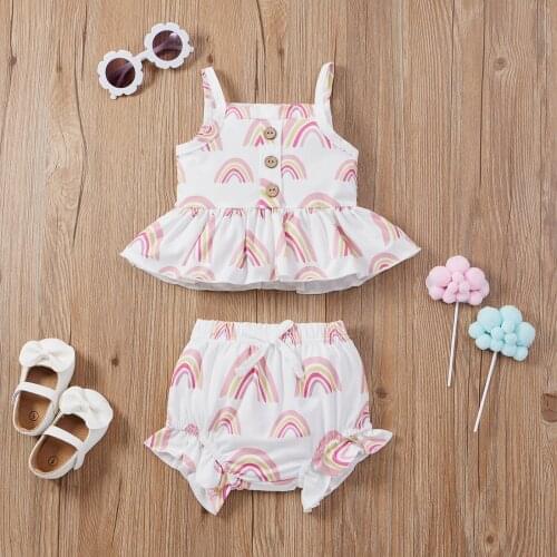 Girl’s Summer Two Piece Set Fashion Rainbow Button Suspender Tops and Ruffles Triangle Short Pants